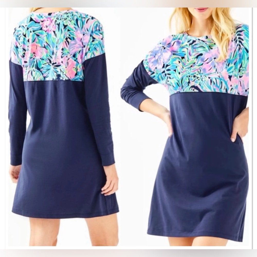 LILLY PULITZER NWT Finn Cotton Dress Navy Blue Bermudaful Pullover Size Small